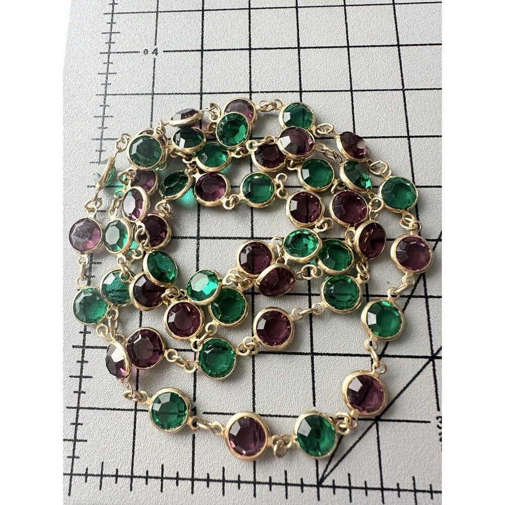 Vintage Austrian Crystal Necklace Bezel Gold Tone Long Necklace 30”
